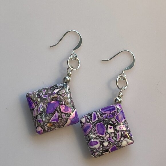 ❤️ Purple Sea Sediment Jasper Square Earrings - Picture 1 of 11